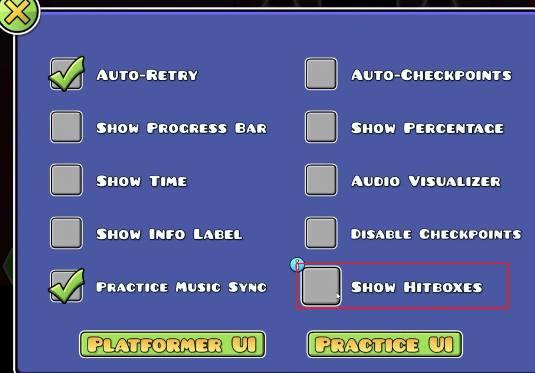 Geometry Dash Clubstep practice mode with hitboxes visible