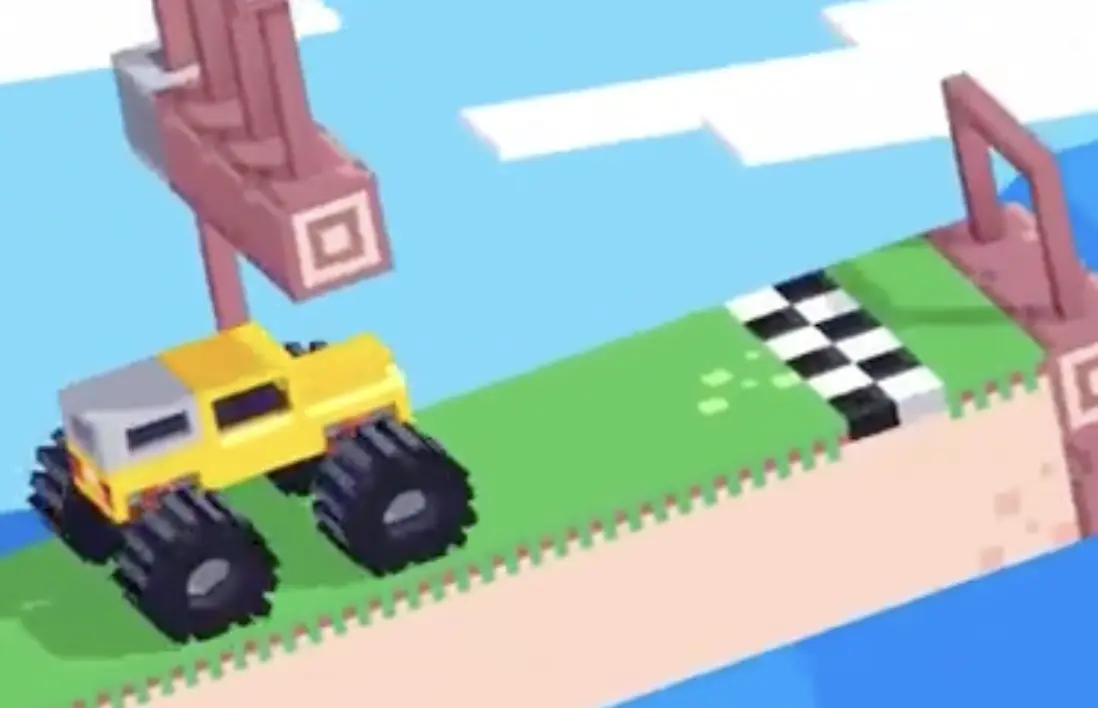 Drive Mad level 102 truck accelerating back to the right and passing through the opened wooden gate to the finish