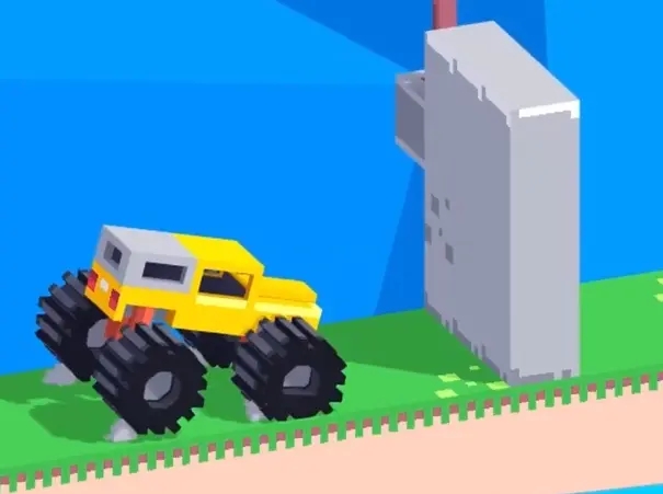 Drive Mad level 104 truck approaching the blocked stone wall before triggering the mechanism