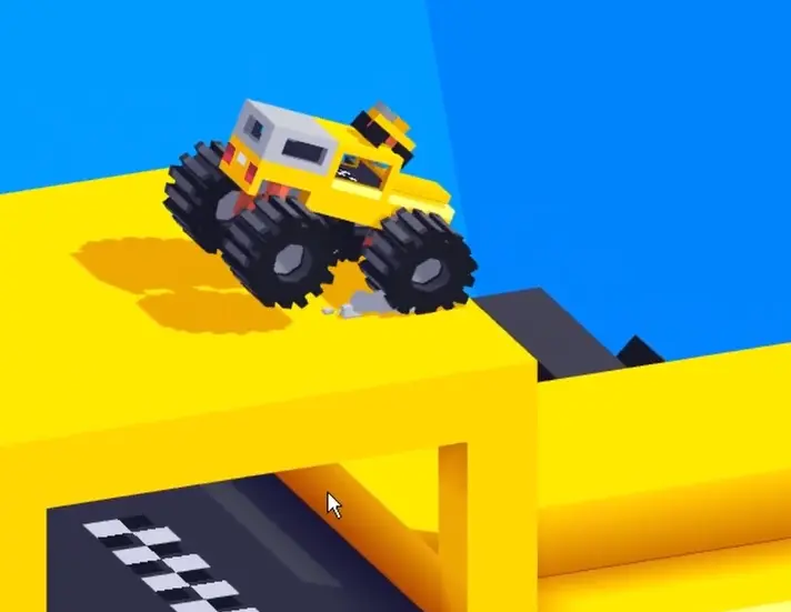 Drive Mad level 106 truck carefully lowering from the upper platform onto the lower lane