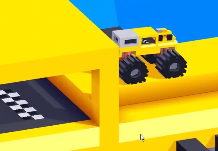 Drive Mad level 106 truck reversing into the checkered finish zone beneath the upper platform