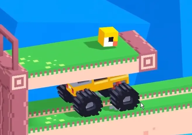 Drive Mad level 107 truck waiting below the upper platform while the chick block bounces above