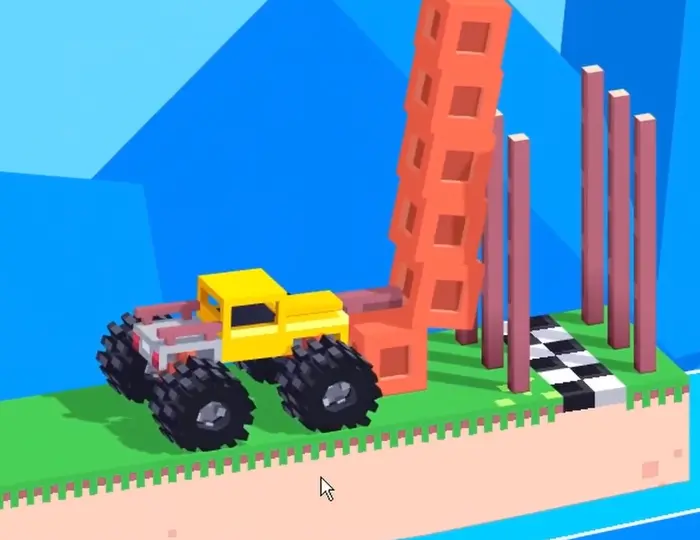 Drive Mad level 108 truck slowly pushing the stacked blocks toward the finish poles