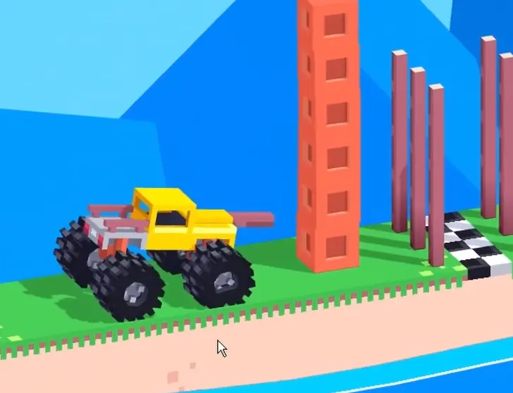 Drive Mad level 108 truck waiting beside the fully stacked tower before starting the push