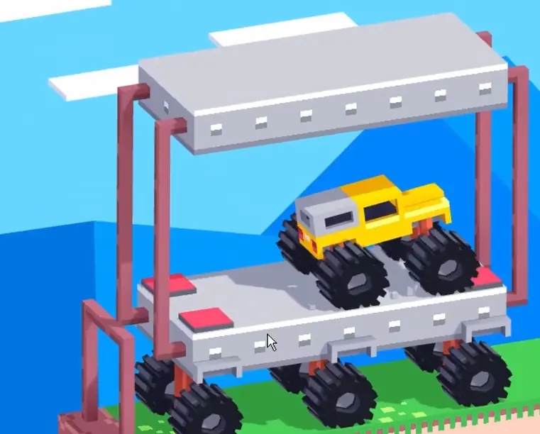 Drive Mad level 110 truck pressing the red button that activates the lower moving platform