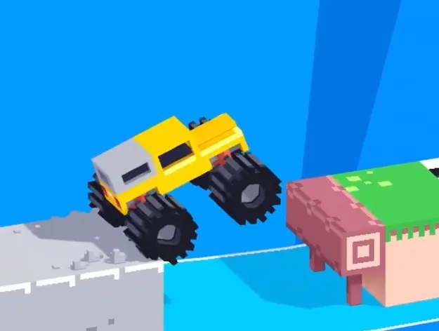 Drive Mad level 111 truck lining up for the longest and final jump to the finish platform