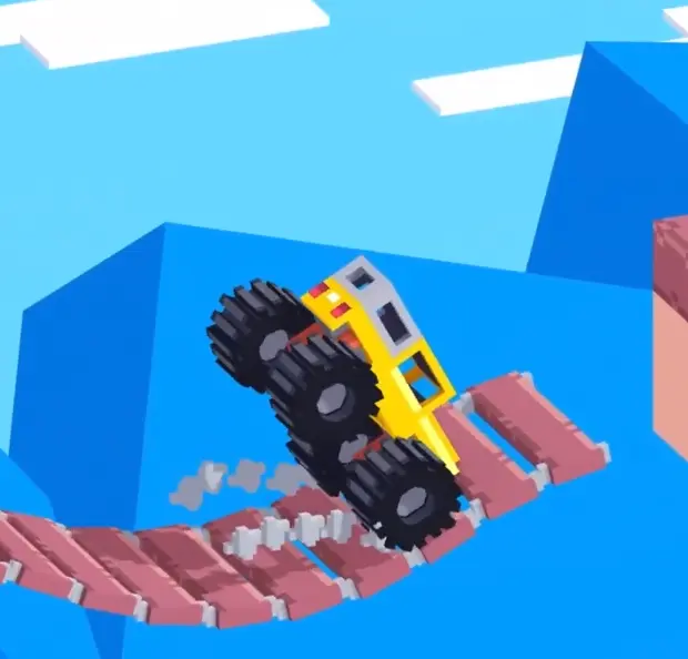 Drive Mad level 112 truck tilting upright while the collapsing bridge drops toward the lower tunnel