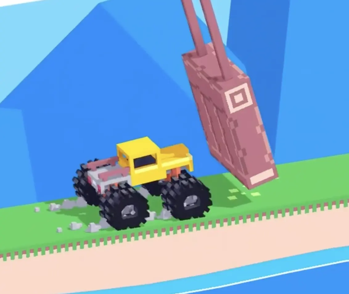 Drive Mad level 115 truck backing away while the swing door rises, preparing for another timed hit