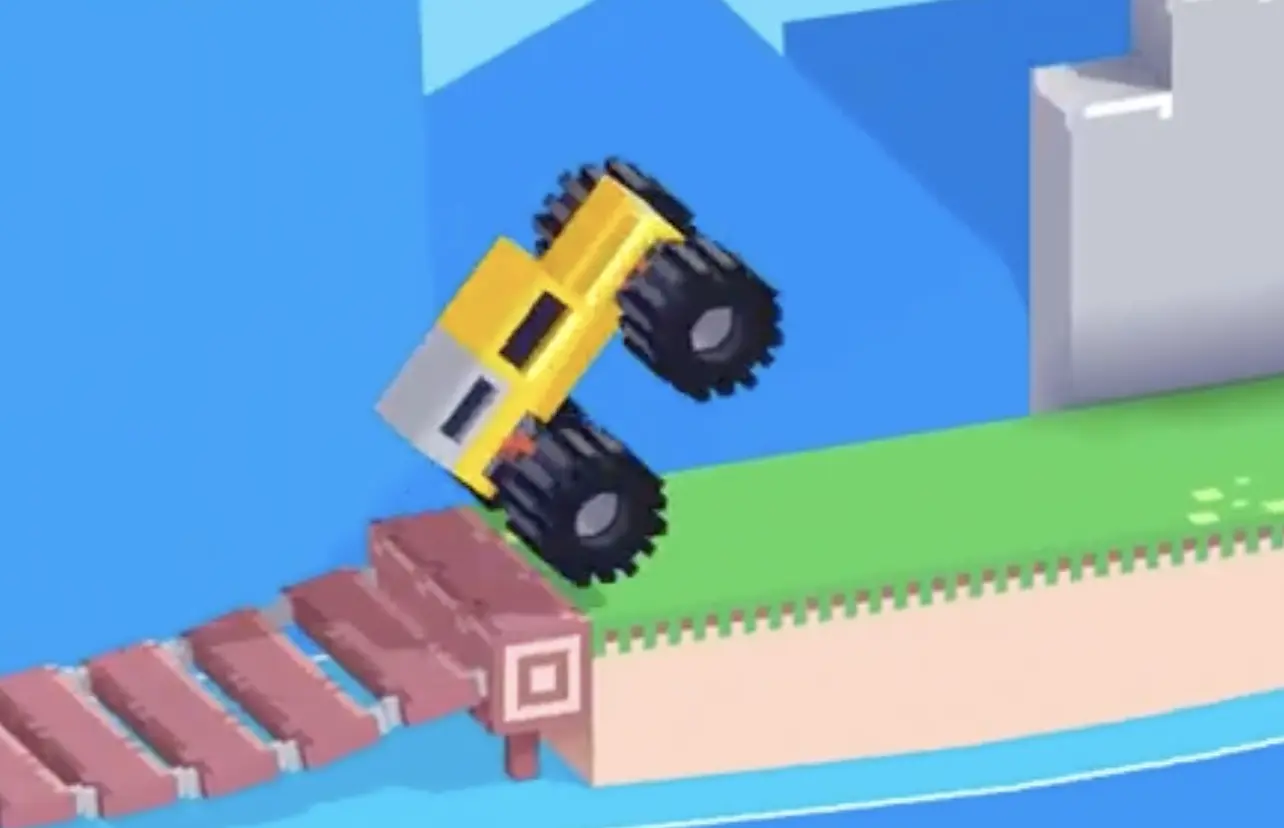 Drive Mad level 116 truck accelerating off the bridge and racing to the finish during the safe window