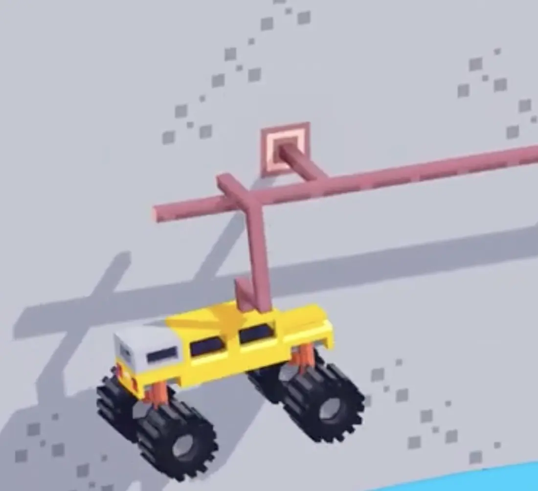 Drive Mad level 118 truck hanging from the overhead bar after catching it with the roof hook