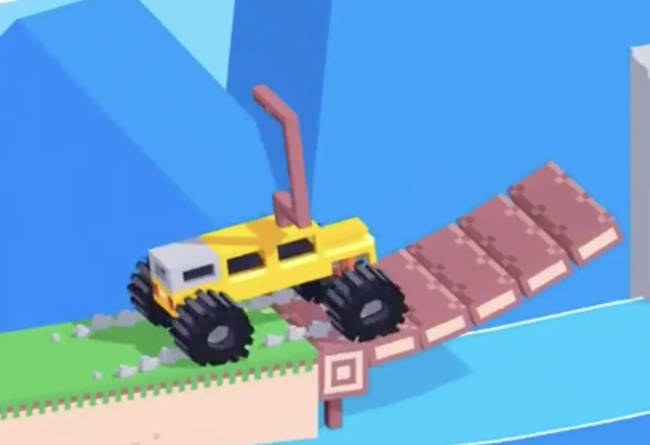 Drive Mad level 118 truck accelerating over the small ramp to launch toward the overhead bar