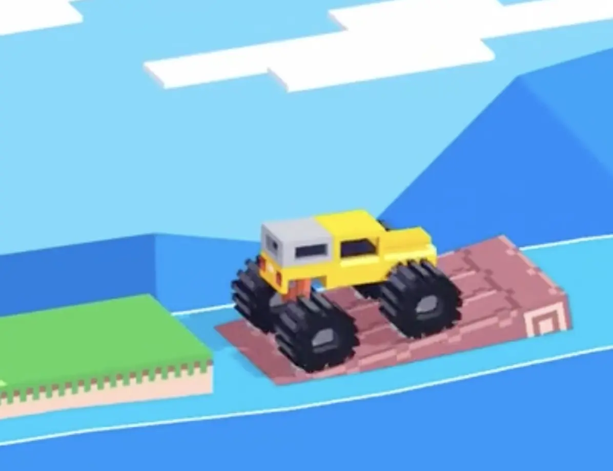 Drive Mad level 119 truck rolling onto the floating raft from the left platform