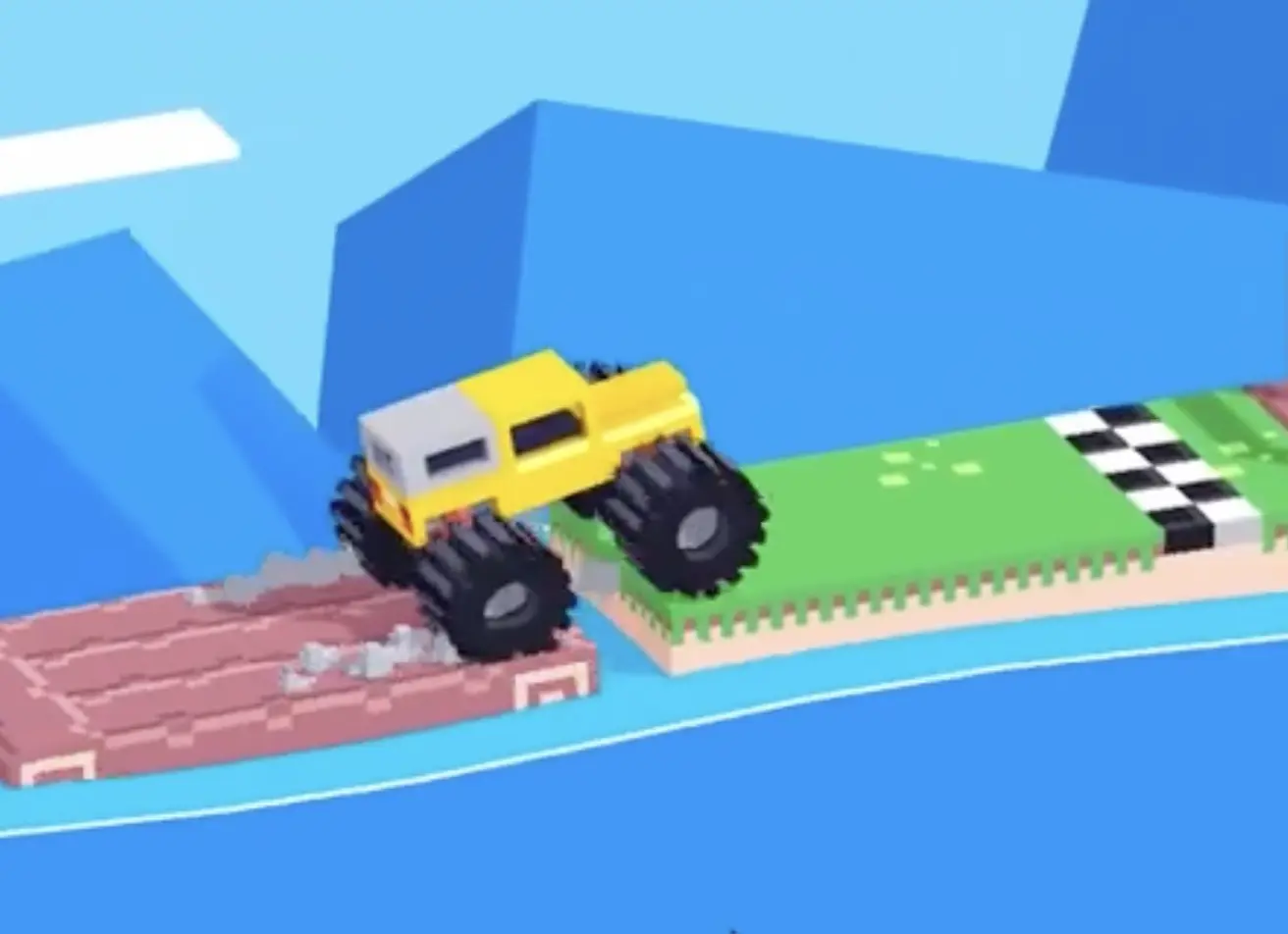 Drive Mad level 119 truck leaving the raft and driving onto the far platform toward the finish