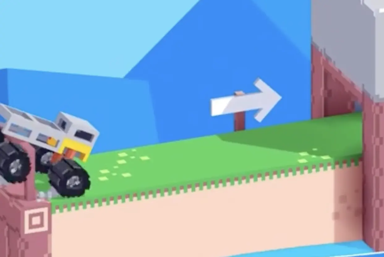 Drive Mad level 121 truck approaching the low cave entrance and preparing to brake for a forward dip