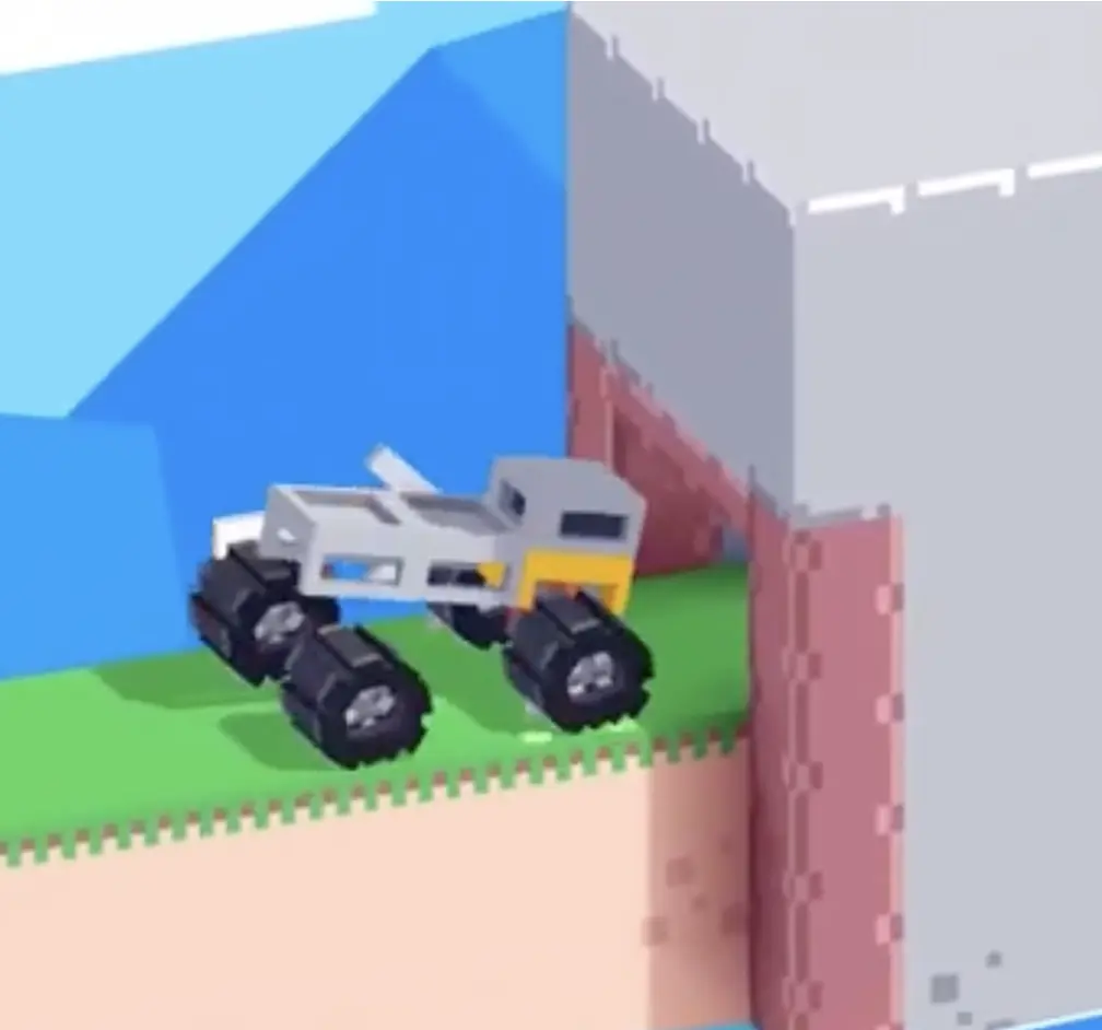 Drive Mad level 121 truck successfully lowering into the cave entrance after a well-timed brake tap