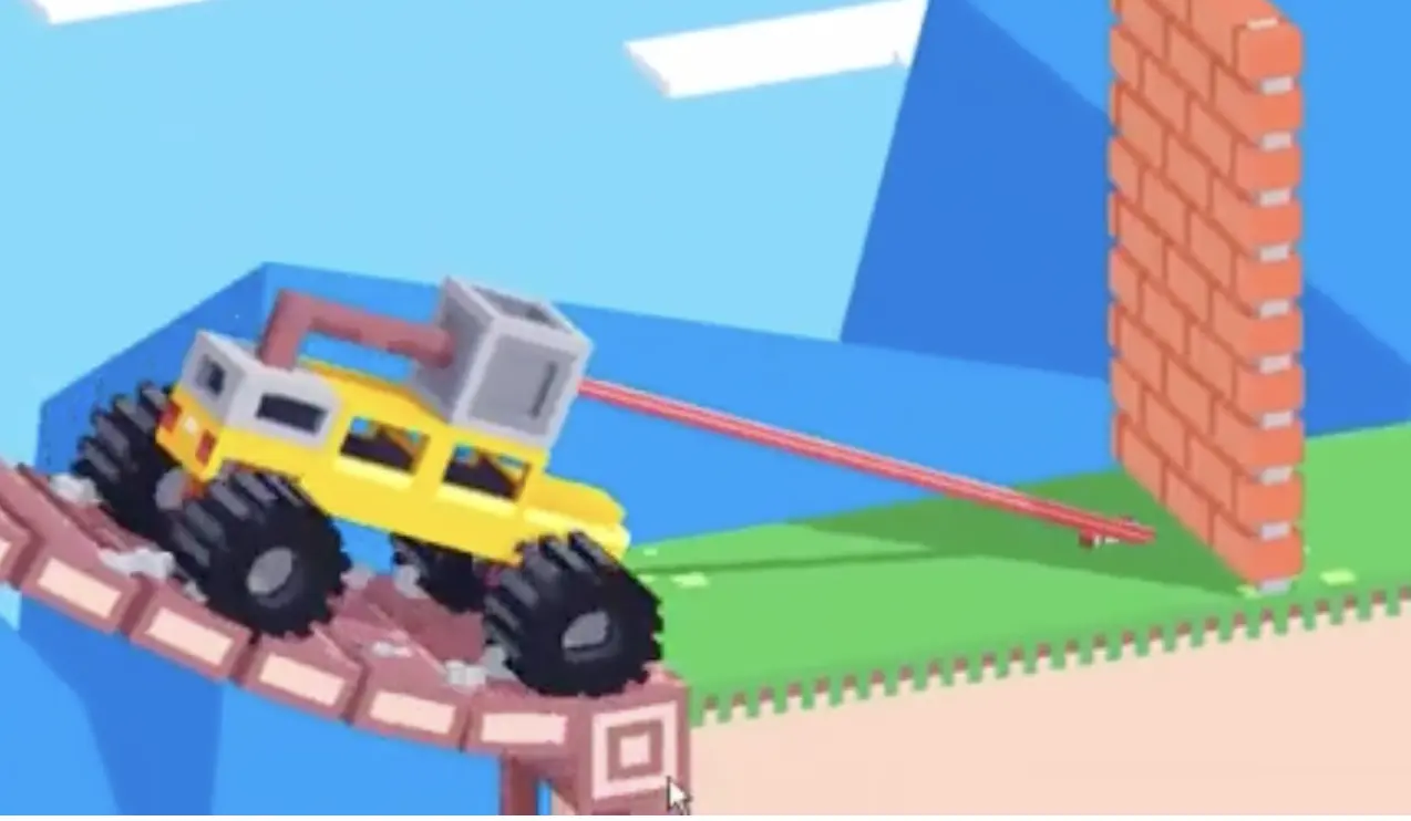 Drive Mad level 123 truck aiming its laser at the first brick wall