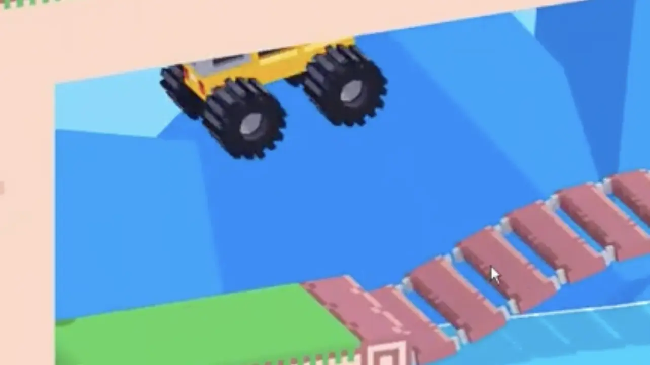 Drive Mad level 127 truck floating above the segmented bridge during the low-gravity phase