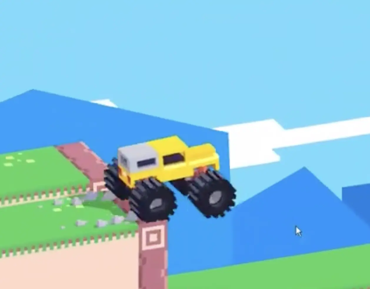 Drive Mad level 128 yellow truck leaving the final ledge before the finishing sprint