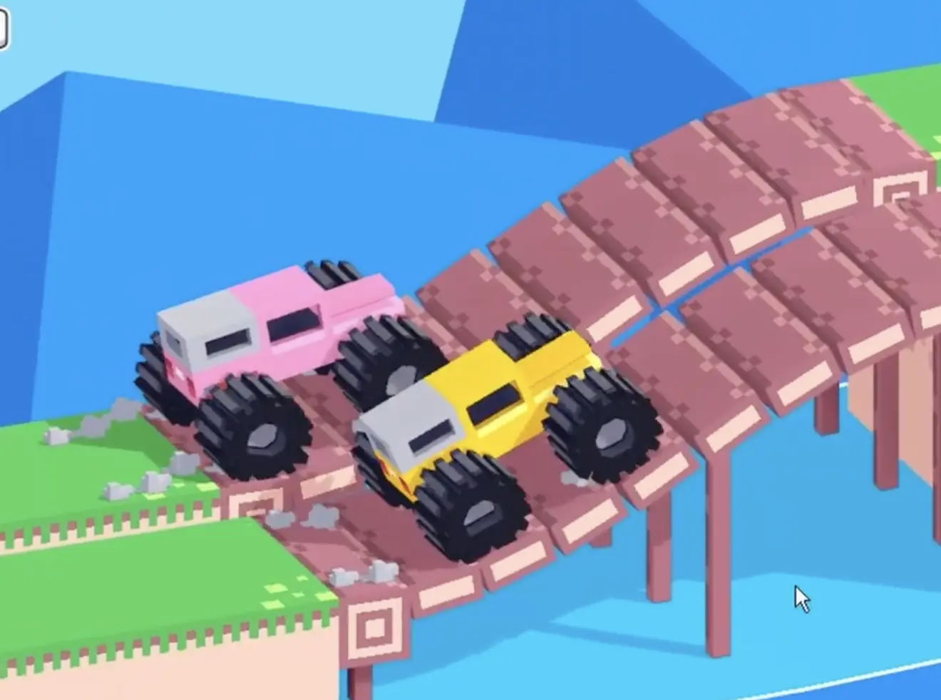 Drive Mad level 128 yellow and pink trucks climbing across the first ramp section