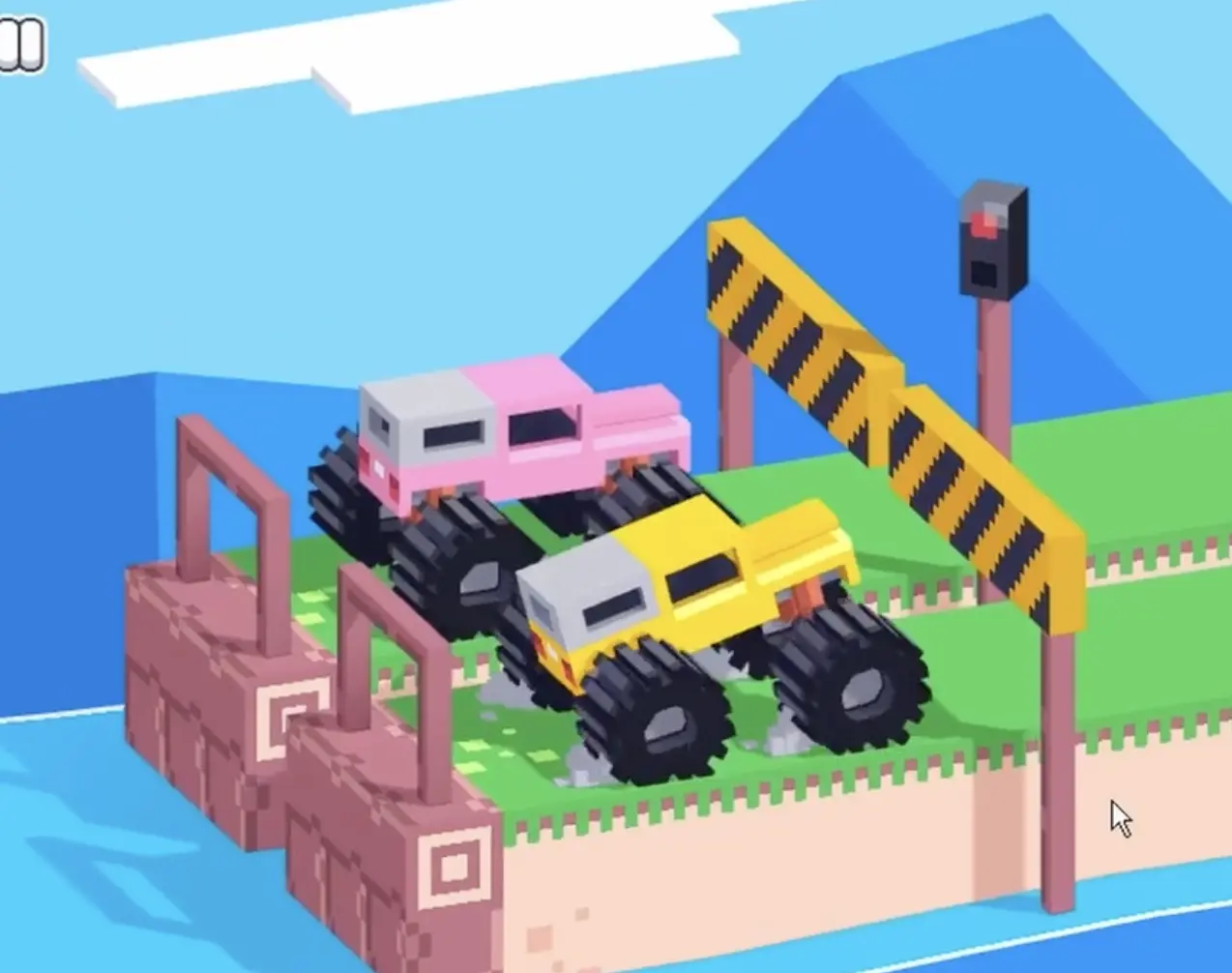 Drive Mad level 128 starting line with the yellow truck racing the pink truck under the signal gate
