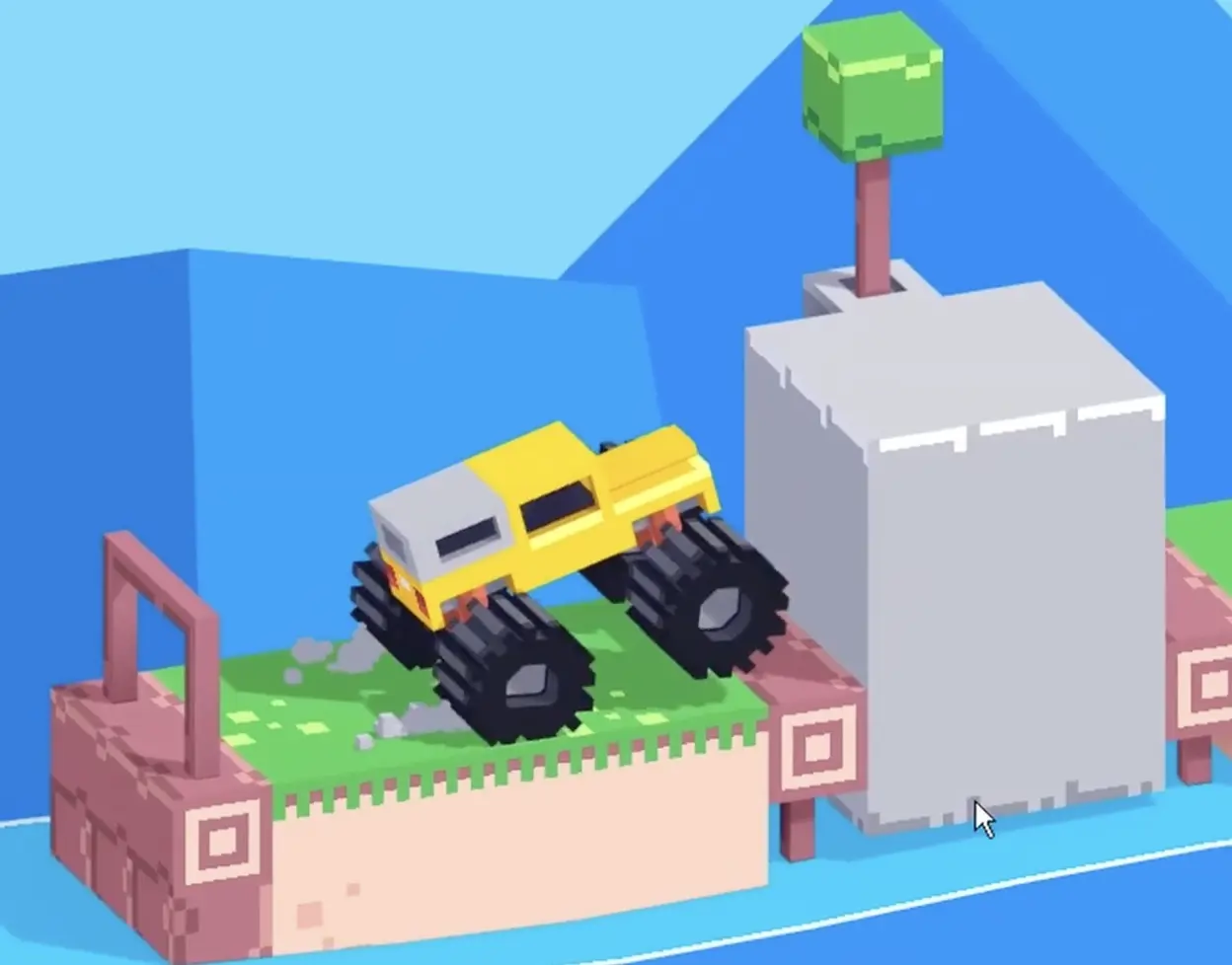 Drive Mad level 129 truck waiting at the edge for the first moving platform to align