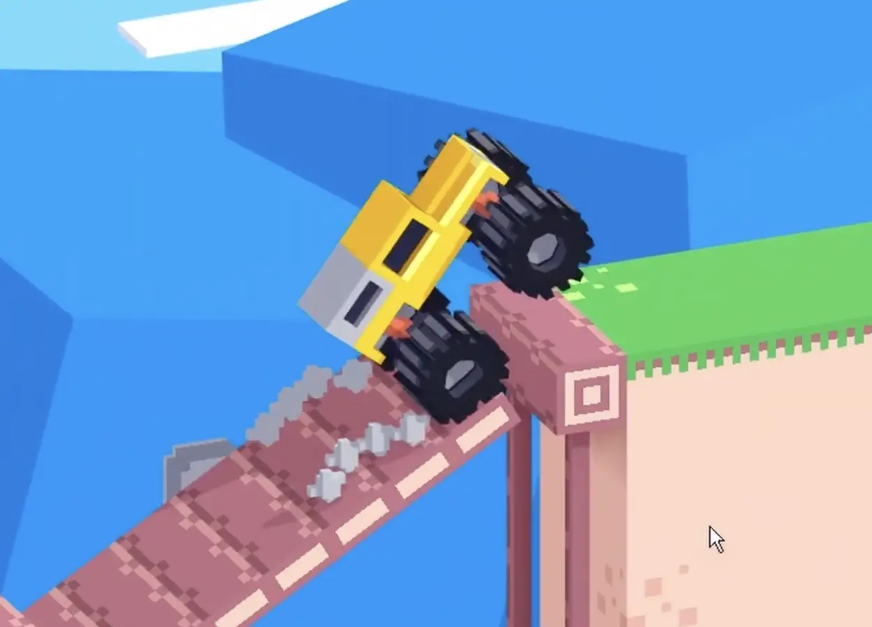 Drive Mad level 129 truck climbing the flexible bridge toward the higher platform
