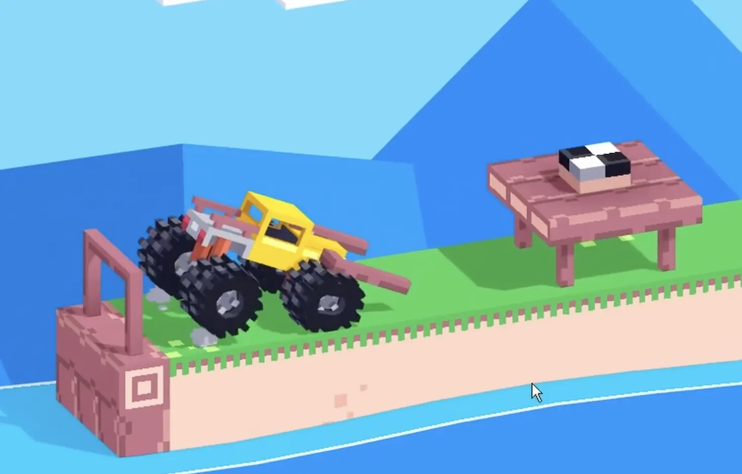 Drive Mad level 130 truck lining up its two front rods with the gap under the table