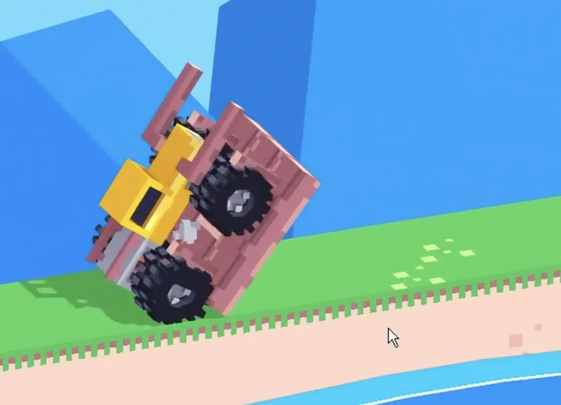 Drive Mad level 130 table being flipped over by the truck with the checkered goal rotating down