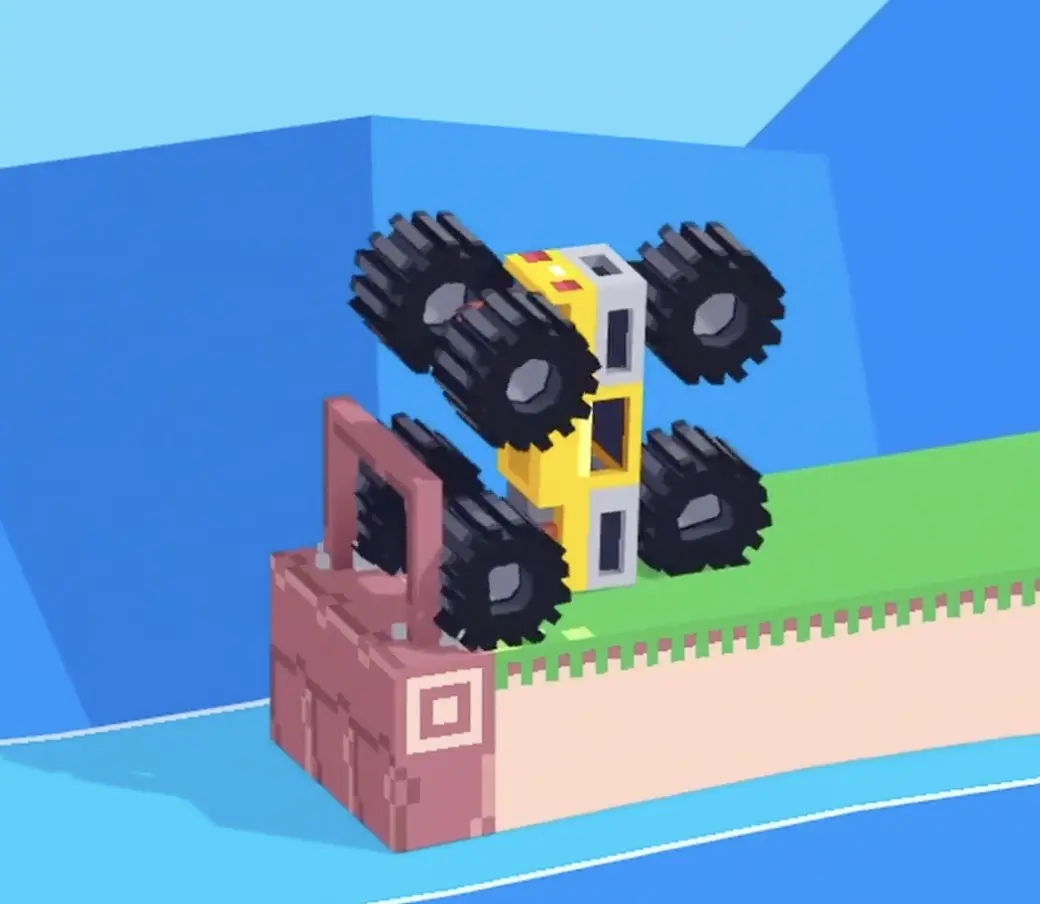 Drive Mad level 131 truck using the left barrier to flip into the opening obstacle section