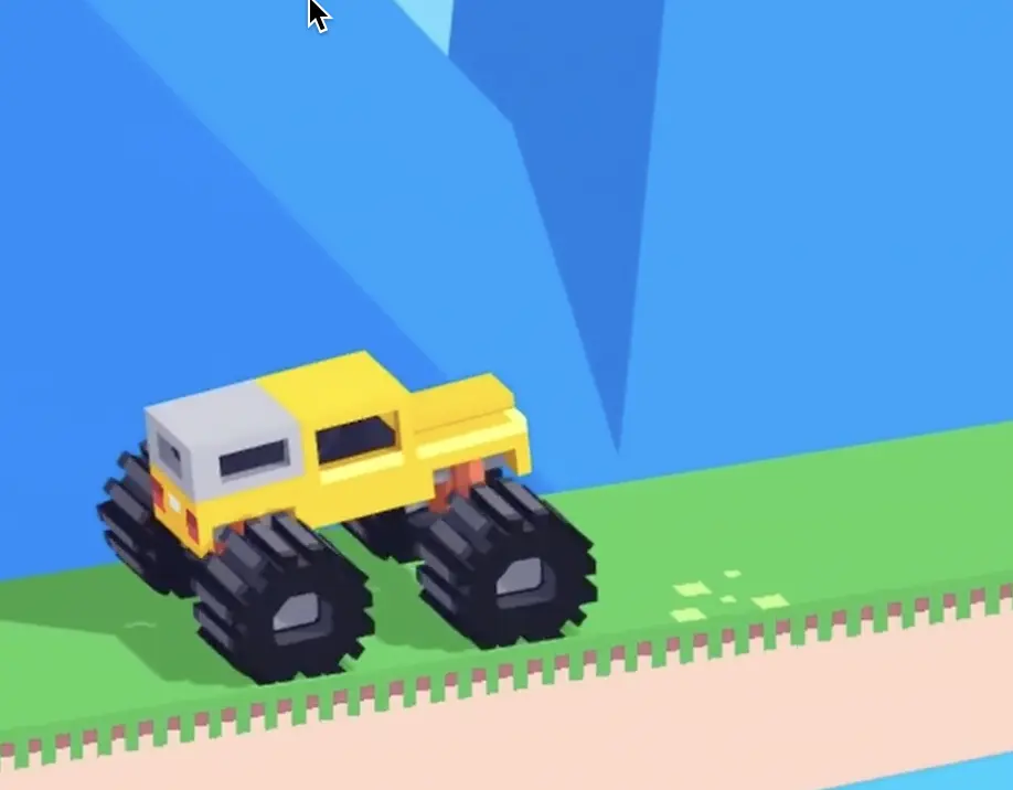 Drive Mad level 132 yellow truck accelerating toward the finish before the pink parrot car can catch up