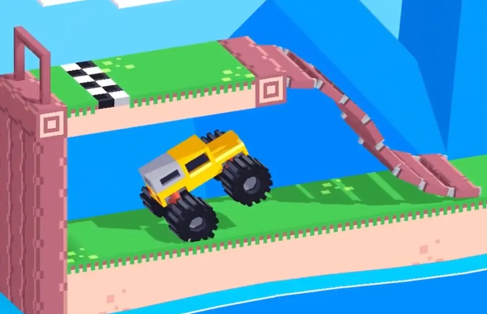 Drive Mad level 134 truck passing through the collapsing obstacle with front-wheel lift