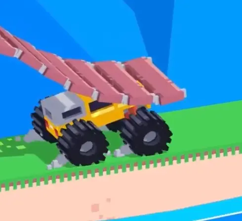 Drive Mad level 134 truck clearing the obstacle and preparing to reverse up the fallen ramp