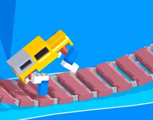 Drive Mad level 136 using momentum and front lift to cross the wooden bridge