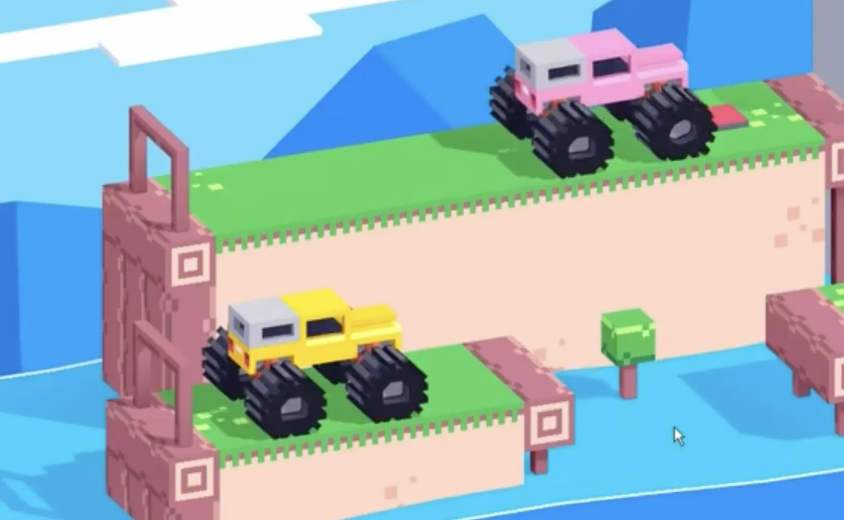 Drive Mad Level 155 pink truck pressing the upper button to raise a road for the yellow truck below