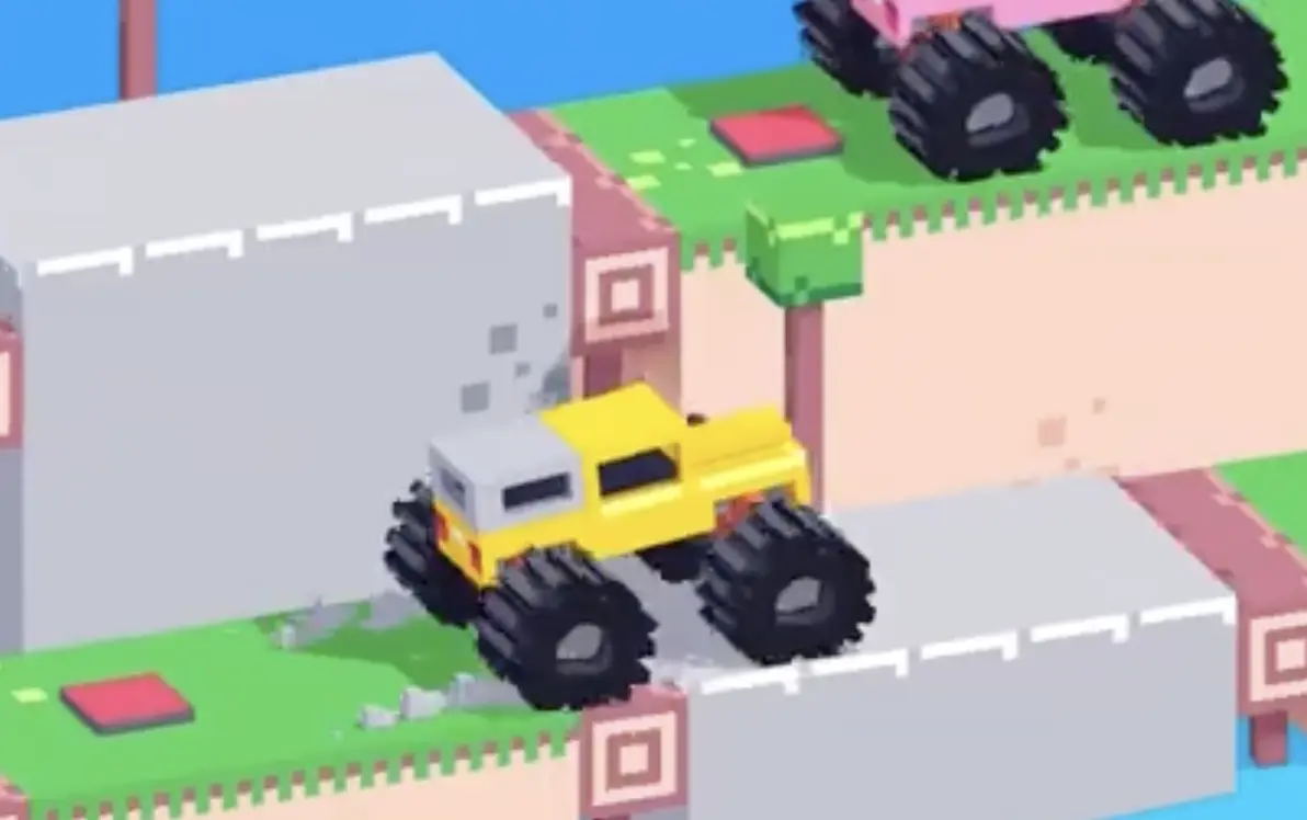 Drive Mad Level 155 pink truck activating the last switch while the yellow truck prepares to pass the final obstacle and reach the finish