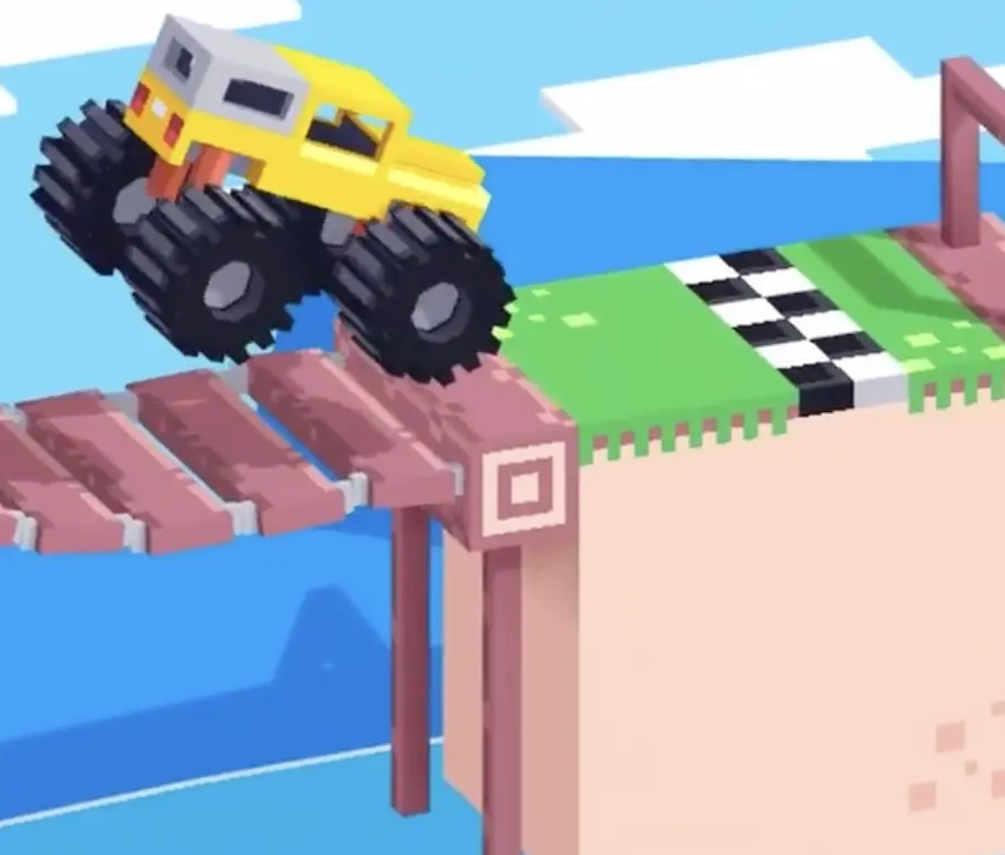 Drive Mad Level 160 truck crossing the bridge with controlled speed before reaching the finish