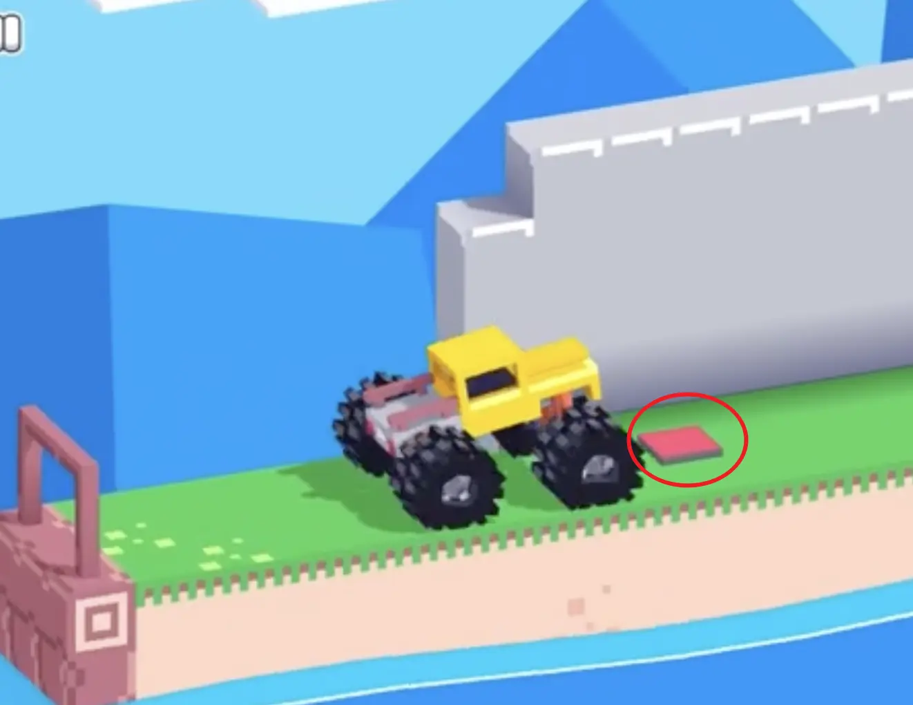 Drive Mad Level 161 truck pressing the button and preparing to use the nearby wall as cover from the shock cycle