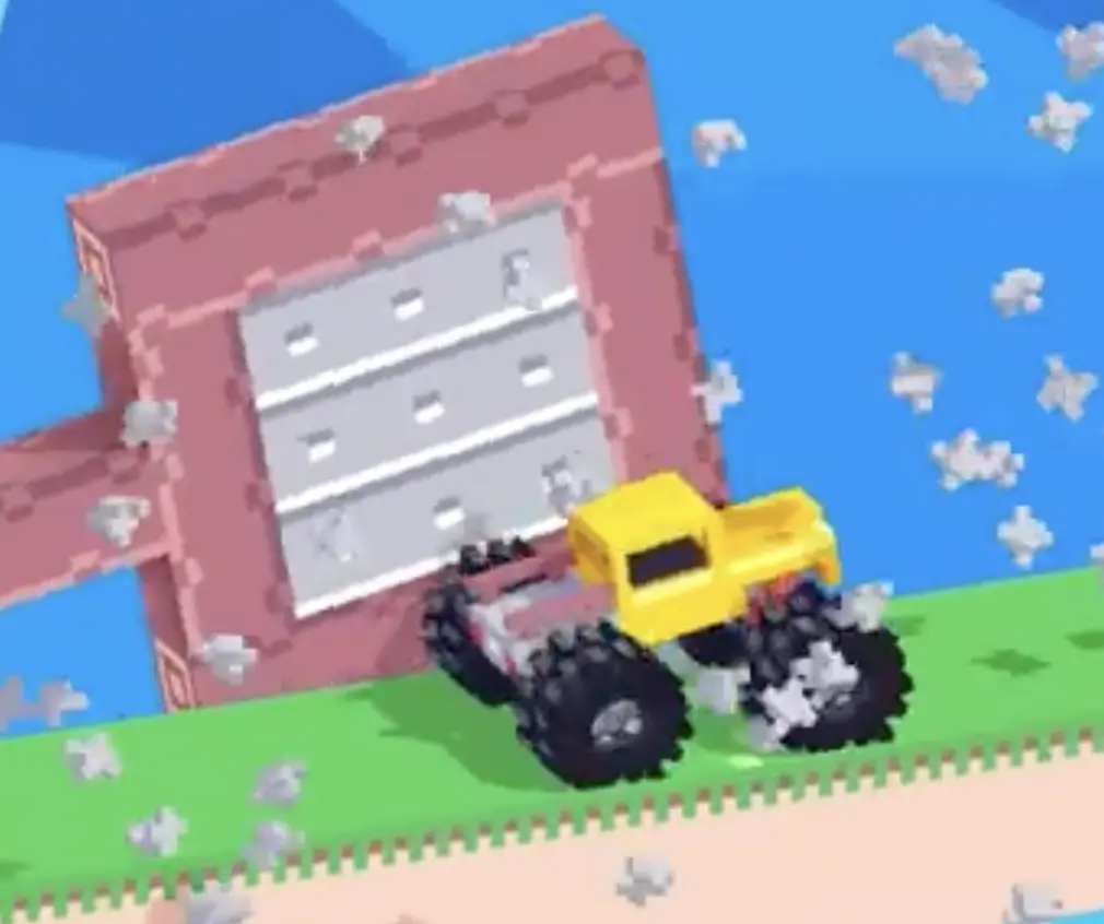 Drive Mad Level 161 truck hiding behind the far rotating blade before driving to the finish line