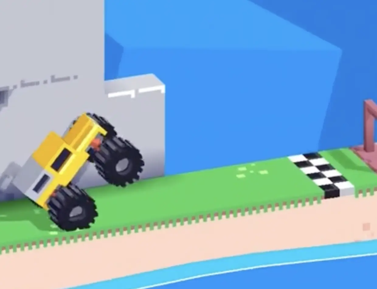 Drive Mad Level 163 truck clearing the laser tunnel and approaching the finish line