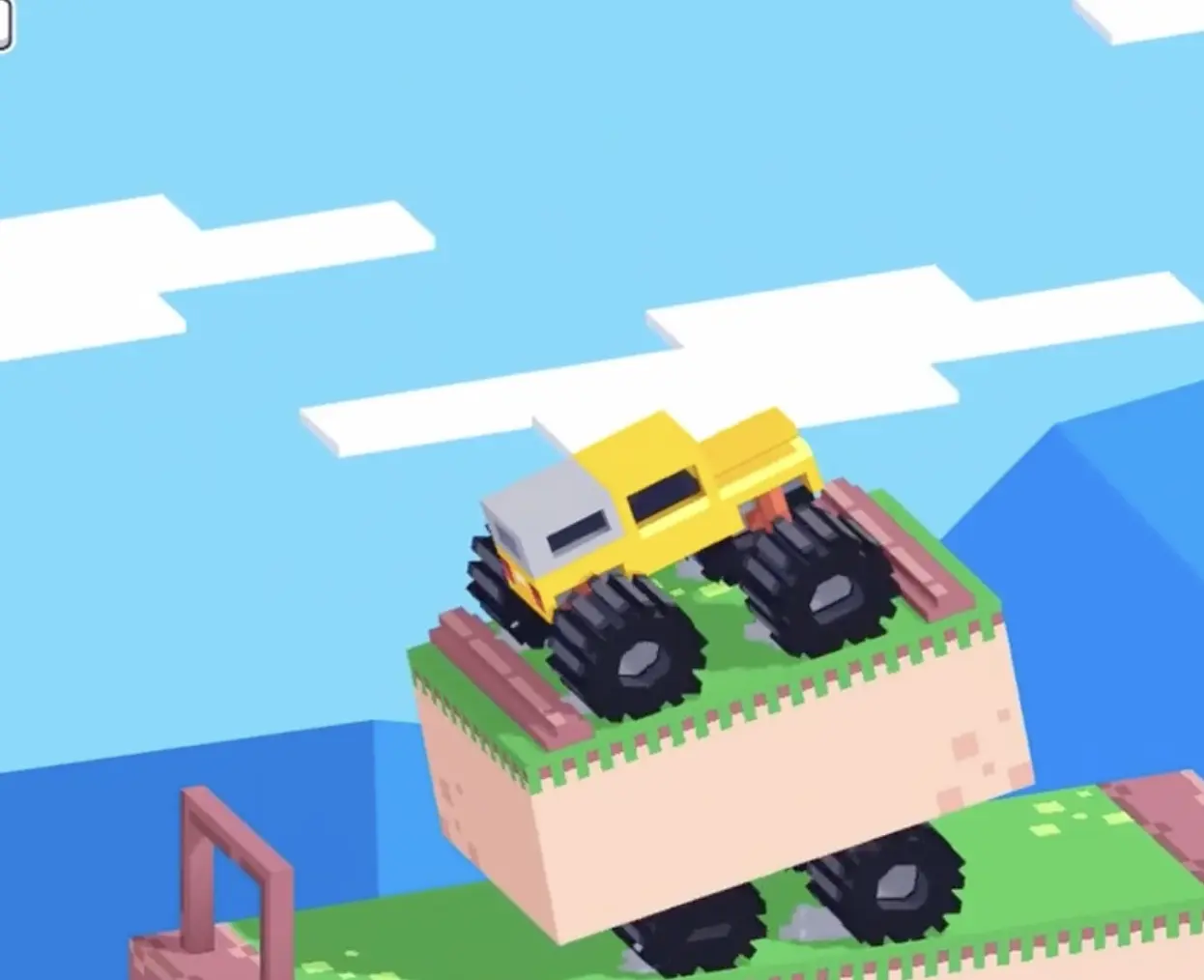 Drive Mad Level 164 stacked truck carefully dropping from the starting platform while keeping the top yellow truck balanced