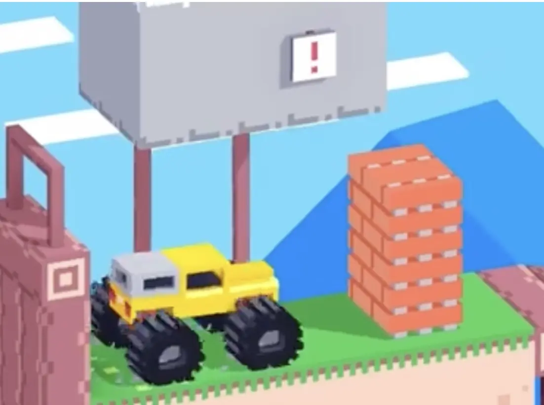 Drive Mad Level 165 truck accelerating toward a brick wall while a heavy obstacle drops from above