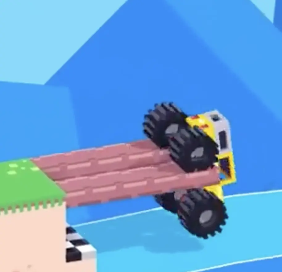 Drive Mad Level 167 truck hanging at the tip of a wooden plank above the water