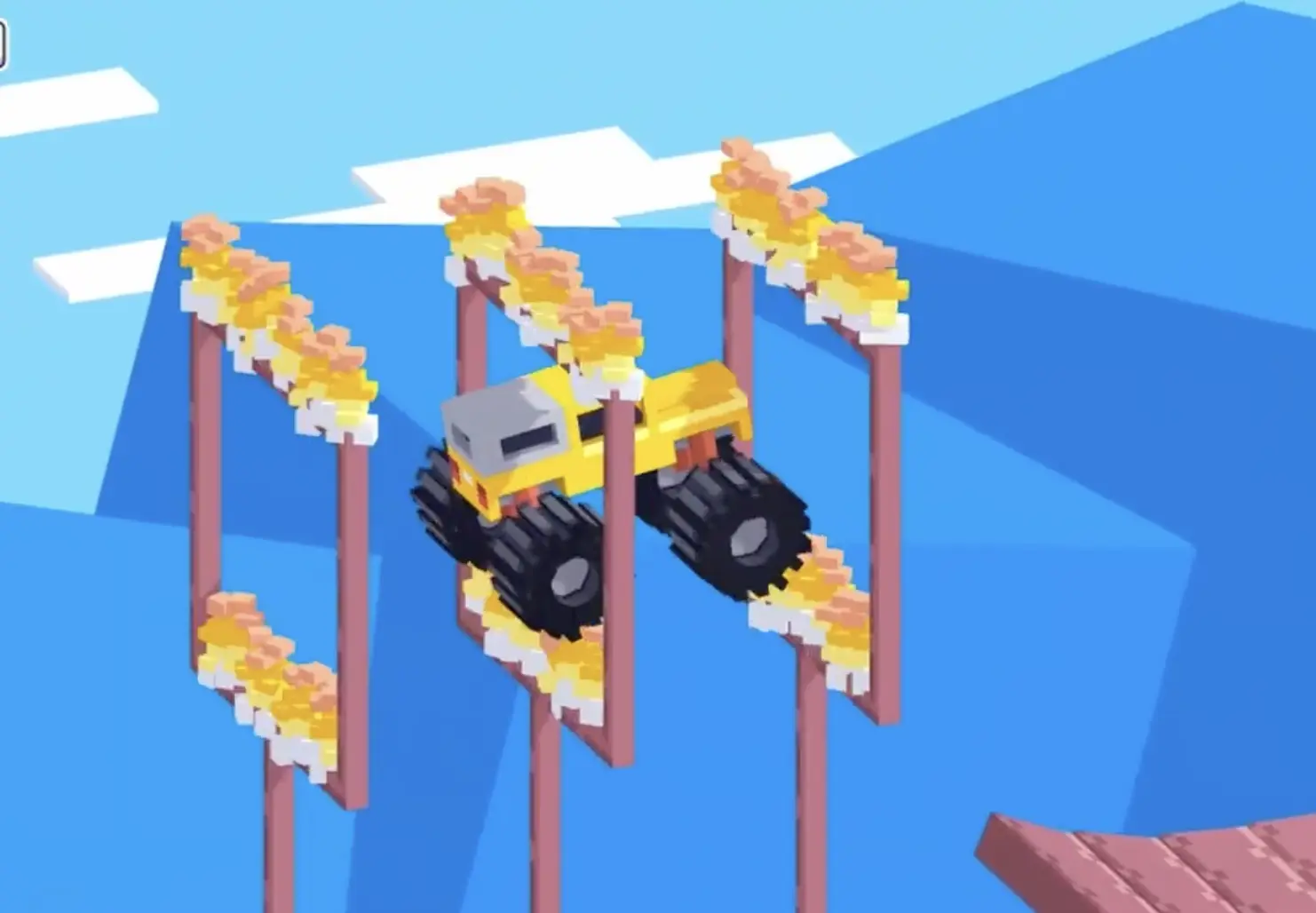 Drive Mad Level 169 truck flying between three fire rings after launching from the loop