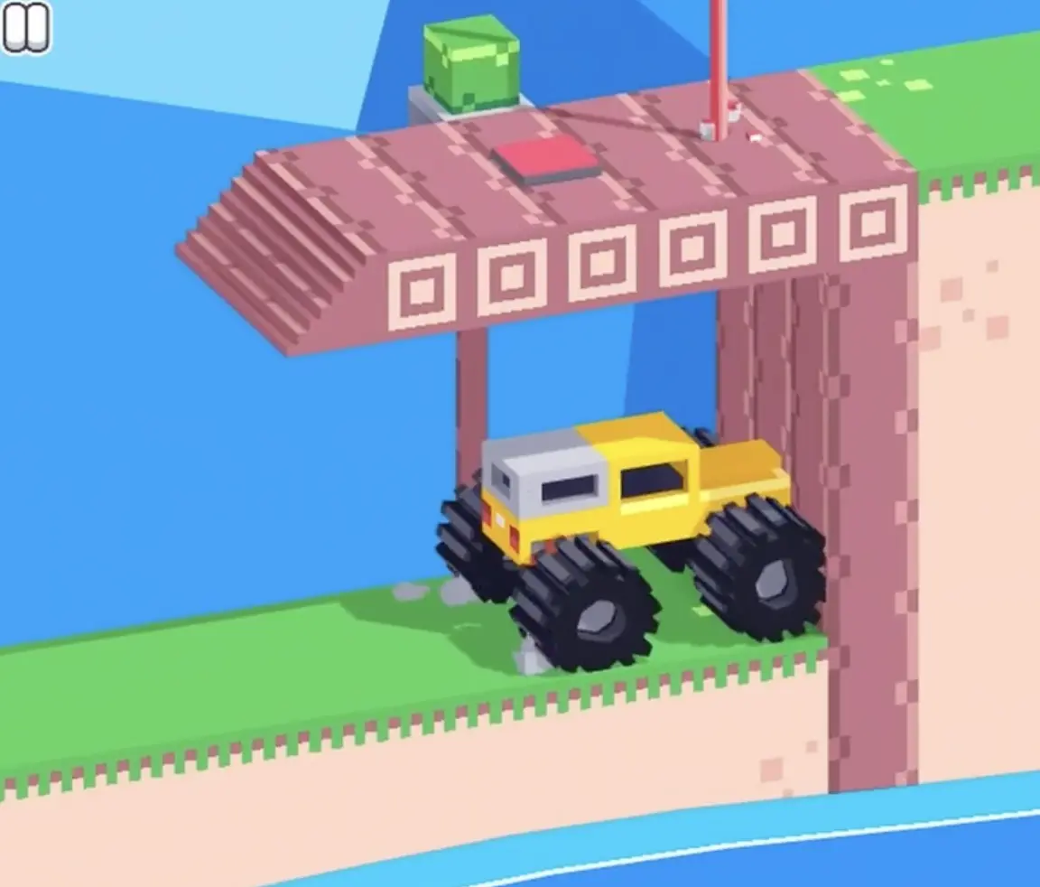 Drive Mad Level 170 truck hiding under a raised platform to avoid the laser