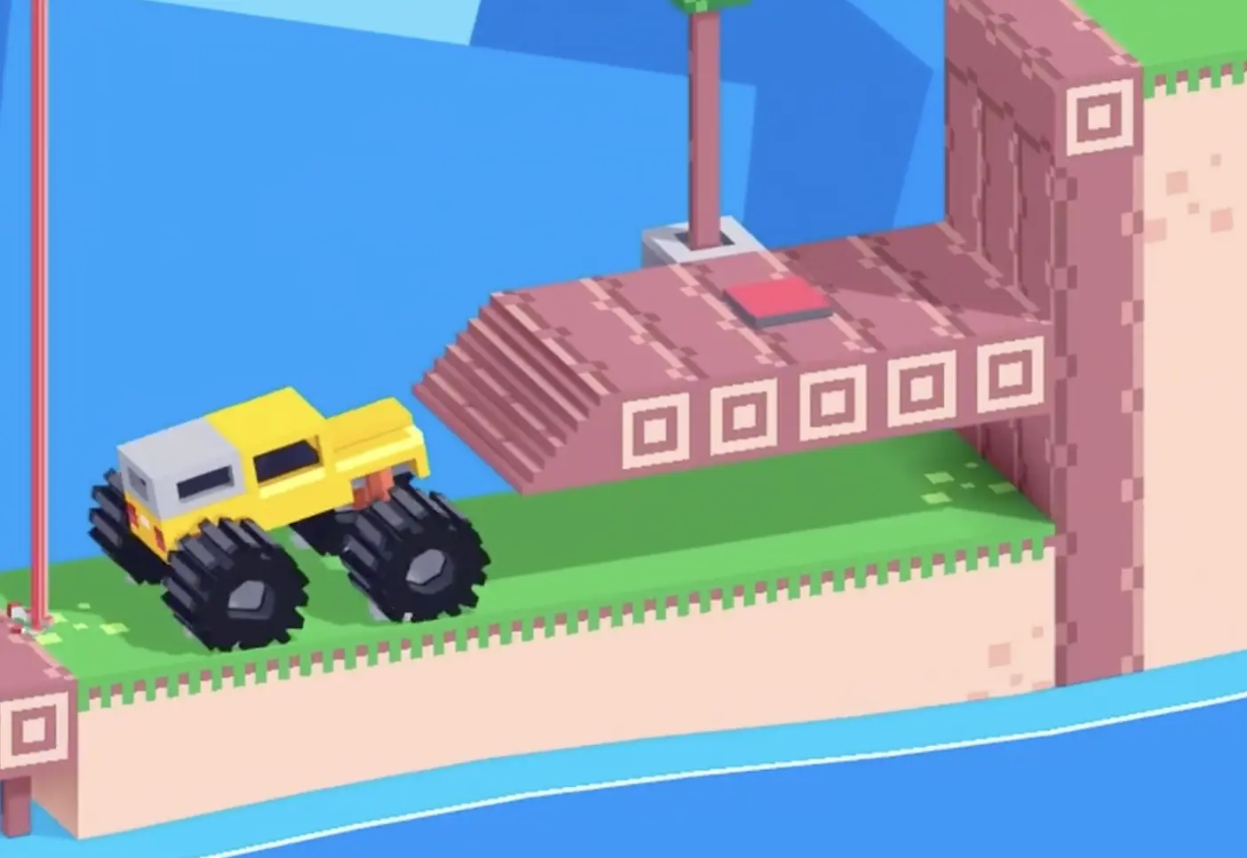 Drive Mad Level 170 truck waiting safely while the platform lowers after the laser passes