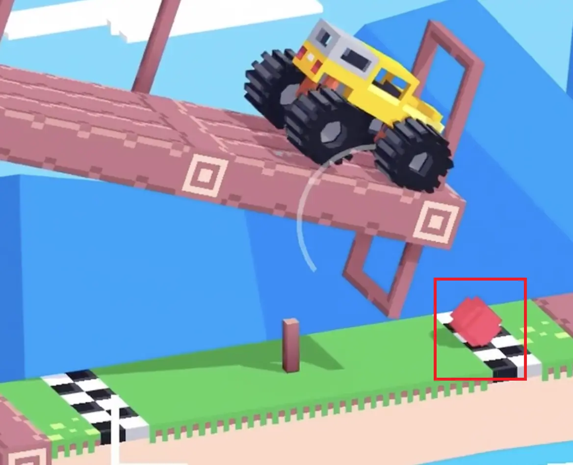 Drive Mad Level 179 small red block rolling toward the finish after being struck by the swing