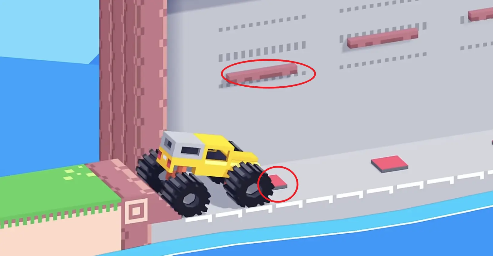 Drive Mad Level 196 truck pressing the first floor button to start the timing sequence