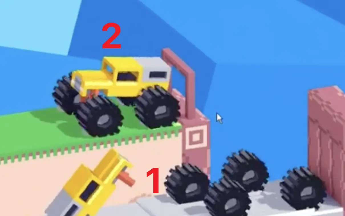 Drive Mad Level 199 waiting while the wall covers the upper car during assembly