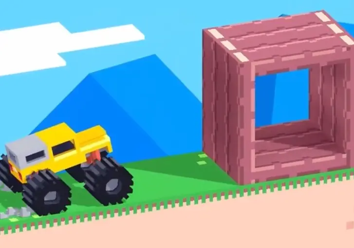 Drive Mad level 50 yellow truck pushing a wooden box toward the gap