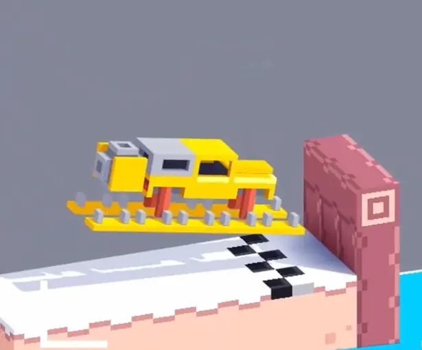 Drive Mad level 51 yellow truck adjusting its angle while falling toward the finish platform